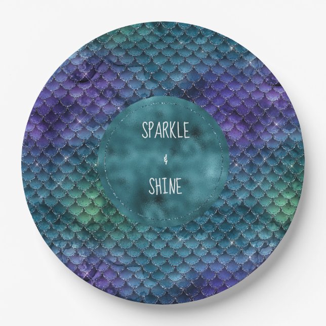 Teal Aqua Purple Mermaid Sparkle Paper Plates (Front)