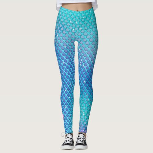 Teal Aqua Purple Sea Mermaid Scales Monogram Girl Leggings