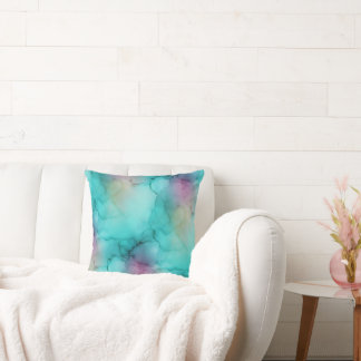 Teal Aqua Purple Watercolor Marble Fluid Art Throw Pillow