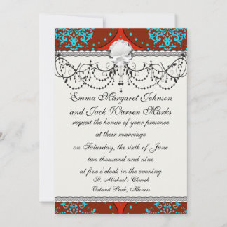 teal aqua red white henna damask invitation