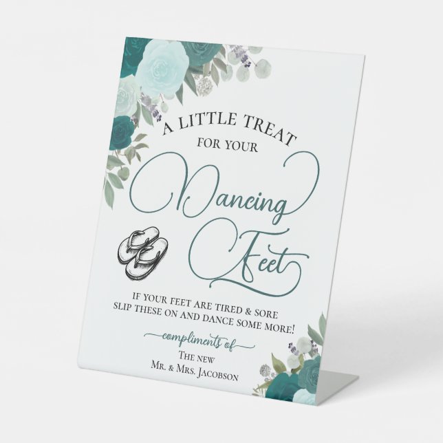 Teal & Aqua Roses Dancing Feet Flip Flop Wedding  Pedestal Sign (Front)