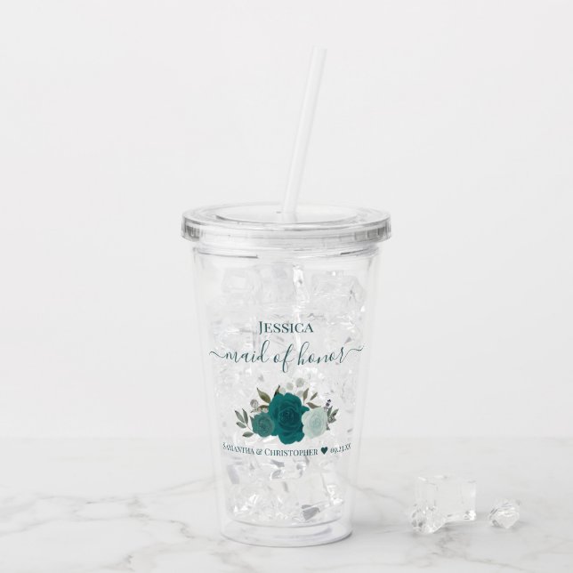 Teal & Aqua Roses Elegant Maid of Honor Wedding Acrylic Tumbler (Back Ice)