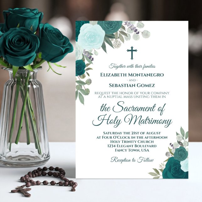Teal & Aqua Roses Modern Catholic Wedding Invitation (Creator Uploaded)