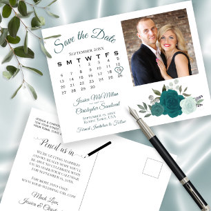 Teal & Aqua Roses Photo & Calendar Save the Date Announcement Postcard
