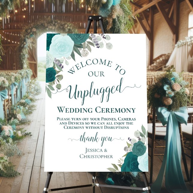 Teal & Aqua Roses Unplugged Wedding Ceremony Foam Board (On Stand)
