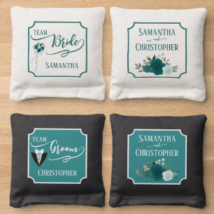 Teal & Aqua Roses Wedding Team Bride & Groom Cornhole Bags