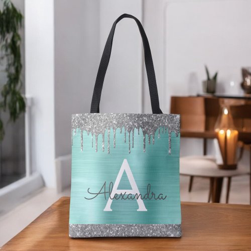 Teal Aqua Silver Glitter Sparkle Elegant Monogram Tote Bag