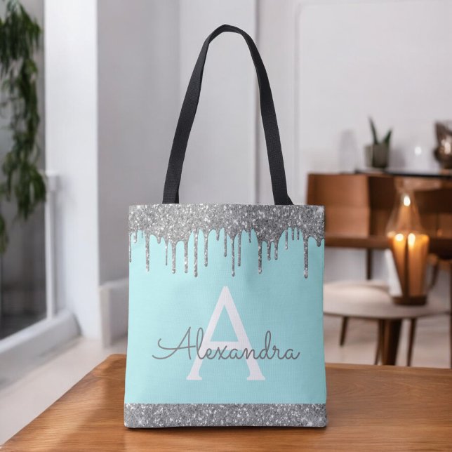 Teal Aqua Silver Glitter Sparkle Elegant Monogram  Tote Bag (Creator Uploaded)
