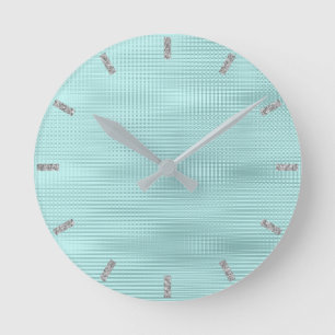 Teal Aqua Silver Gray Minimal Metallic Stripes Round Clock