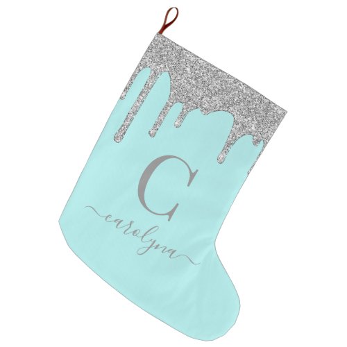 Teal Aqua Silver Sparkle Glitter Drips Monogram Large Christmas Stocking