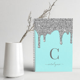 Teal Aqua Silver Sparkle Glitter Drips Monogram Notebook