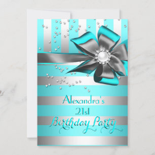 Teal Aqua Silver Stripe Bow Pearl Birthday Party 2 Invitation