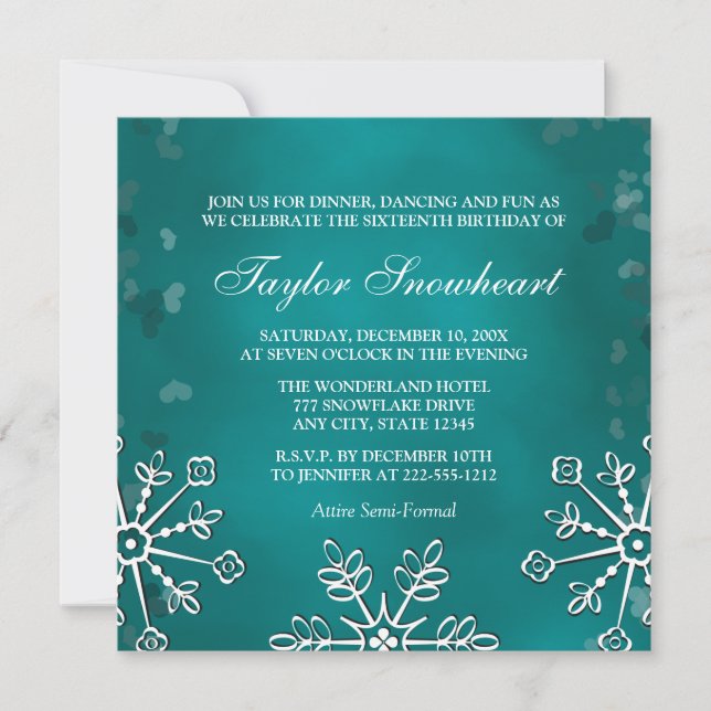 TEAL AQUA SNOWFLAKE SWEET SIXTEEN BIRTHDAY INVITATION (Front)