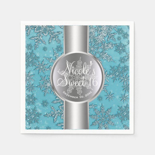 Teal Aqua Snowflakes Winter Wonderland Party Paper Napkins (Front)