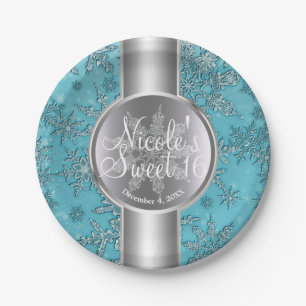Teal Aqua Snowflakes Winter Wonderland Party Paper Plates