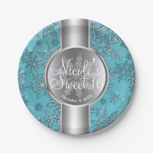 Teal Aqua Snowflakes Winter Wonderland Party Paper Plates