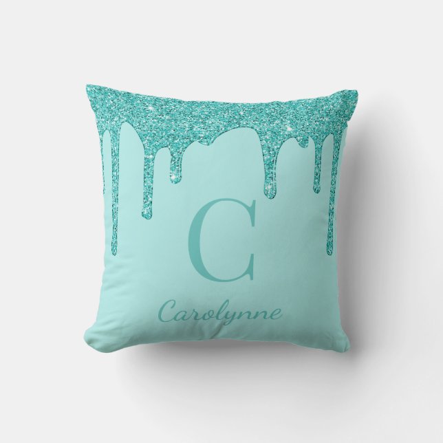 Teal Aqua Sparkle Glitter Drips Monogram Throw Pillow (Front)