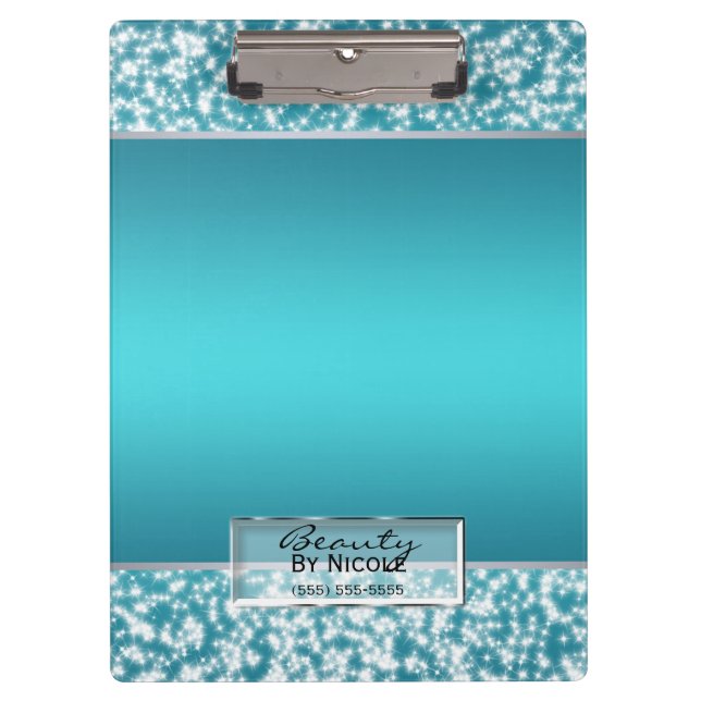 Teal Aqua Sparkle Sparkling Lights Personalized Clipboard (Front)