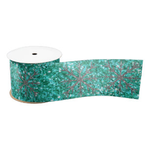 Teal aqua sparkling glitter pattern silver star satin ribbon