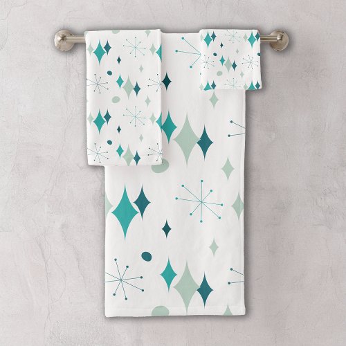 Teal Aqua Starburst Mid Century Modern Pattern Bath Towel Set