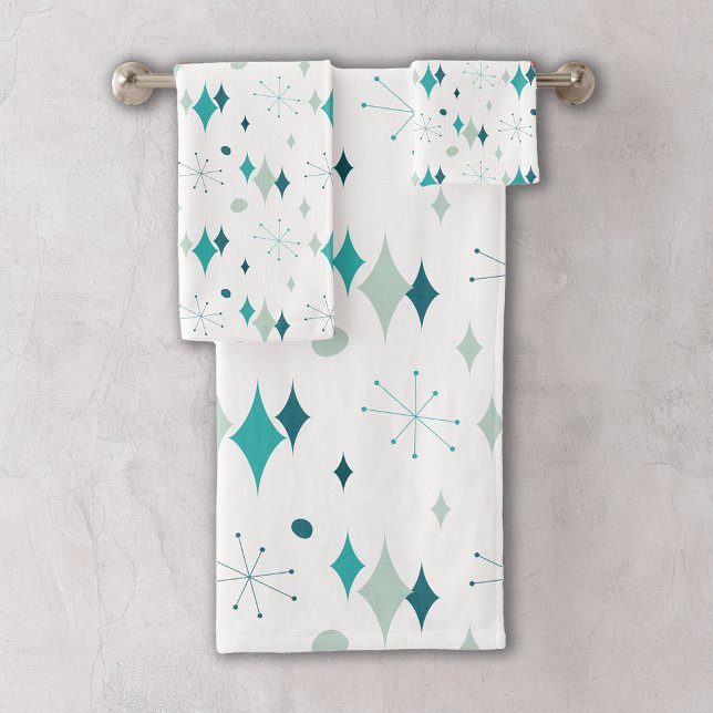 Teal, Aqua Starburst Mid Century Modern Pattern Bath Towel Set (Creator Uploaded)