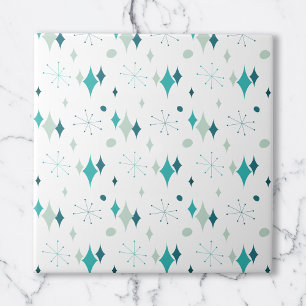 Teal, Aqua Starburst Mid Century Modern Pattern Ceramic Tile