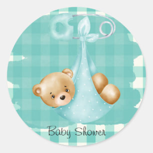 Teal Aqua Teddy Bear Diaper Gingham Baby Shower Classic Round Sticker