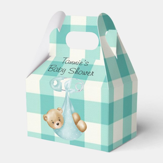 Teal Aqua Teddy Bear Diaper Gingham Baby Shower Favor Boxes (Front Side)