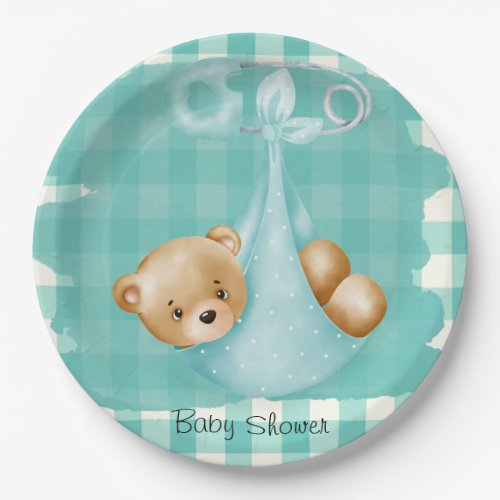 Teal Aqua Teddy Bear Diaper Gingham Baby Shower Paper Plates