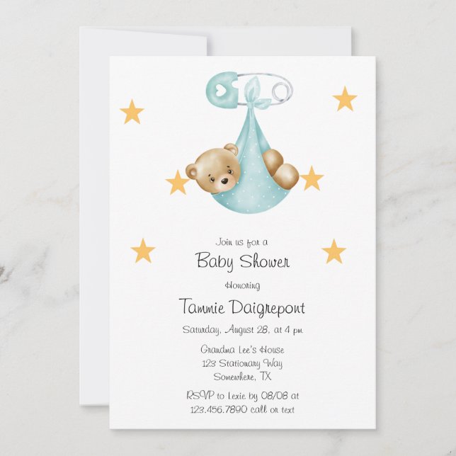 Teal Aqua Teddy Bear Diaper Gingham Custom Invitation (Front)