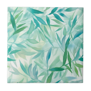Teal, Aqua, Tropical Leaves Ceramic Tile