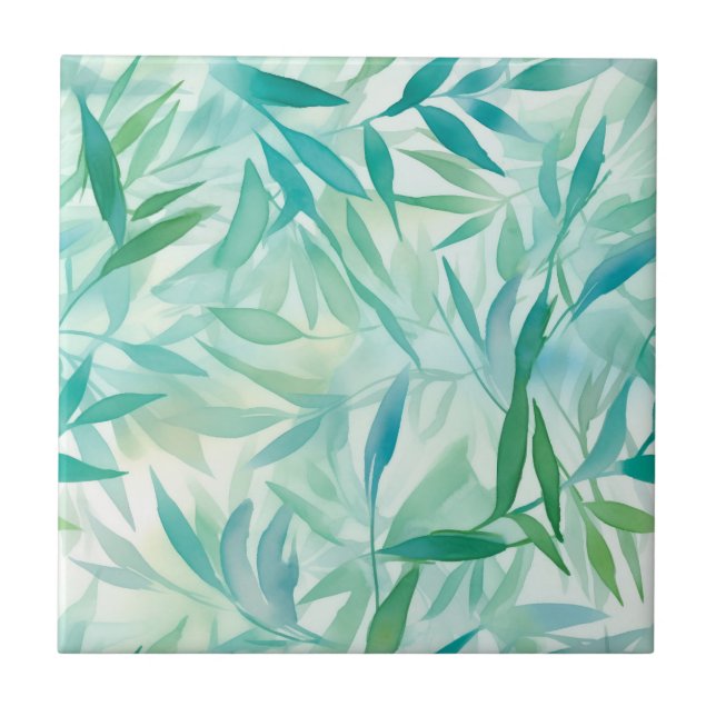 Teal, Aqua, Tropical Leaves Ceramic Tile (Front)