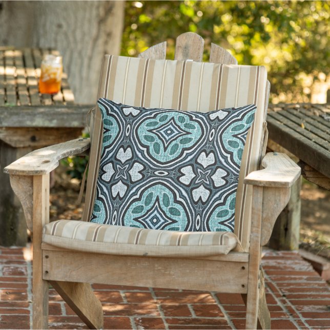 Teal Aqua Turquoise Blue Hip Orient Tribal Art Outdoor Pillow (Chair)
