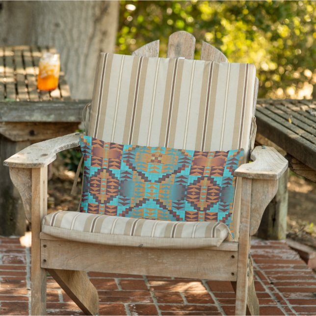 Teal Aqua Turquoise Blue Orange Brown Tribal Art Lumbar Pillow (Chair)