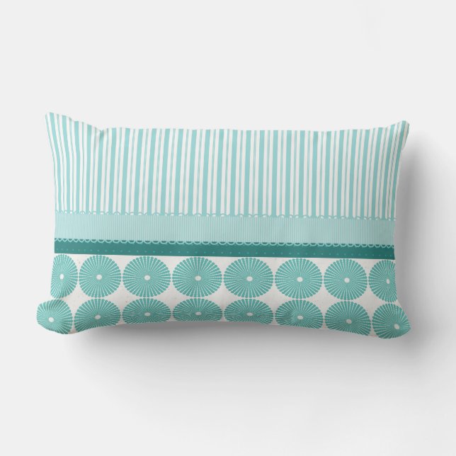 Teal Aqua Turquoise Blue Stripes Circles Pattern Lumbar Pillow (Front)