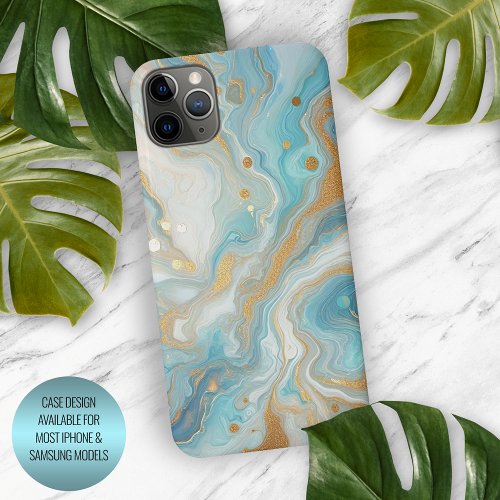 Teal Aqua Turquoise Blue White Gold Marble Pattern iPhone 15 Pro Max Case