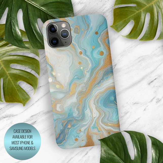 Teal Aqua Turquoise Blue White Gold Marble Pattern iPhone Case (Creator Uploaded)