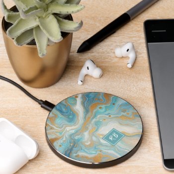 Teal Aqua Turquoise Blue White Gold Marble Pattern Wireless Charger by CaseConceptCreations at Zazzle