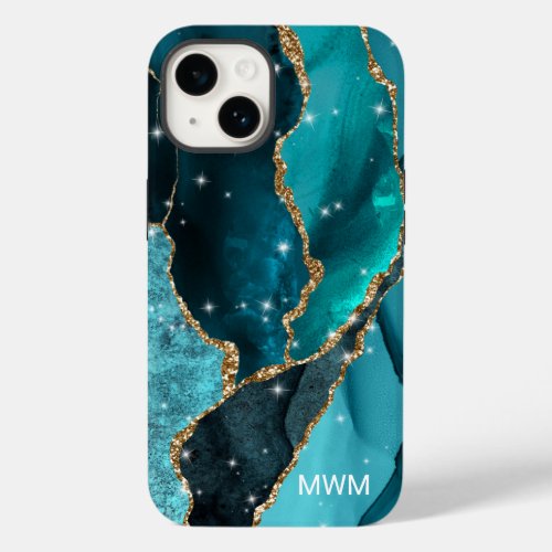 Teal Aqua Turquoise Gold Veins Agate Monogram Case_Mate iPhone 14 Case