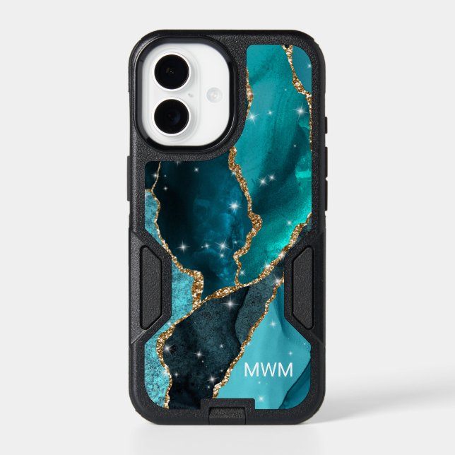 Teal Aqua Turquoise Gold Veins Agate Monogram Otterbox iPhone Case (Back)