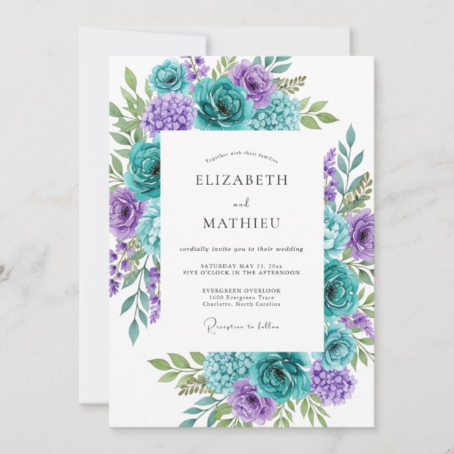 Teal Aqua Vibrant Botanical Wedding Invitation (Front)