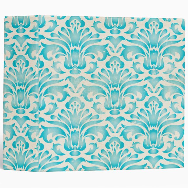 Teal Aqua Watercolor Damask Ombre Blue Print Binder (Front/Spine)