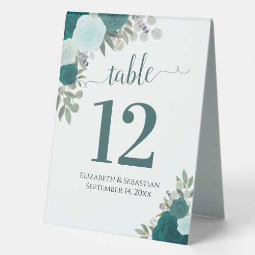 Teal  Aqua Watercolor Roses Wedding Table Number Table Tent Sign