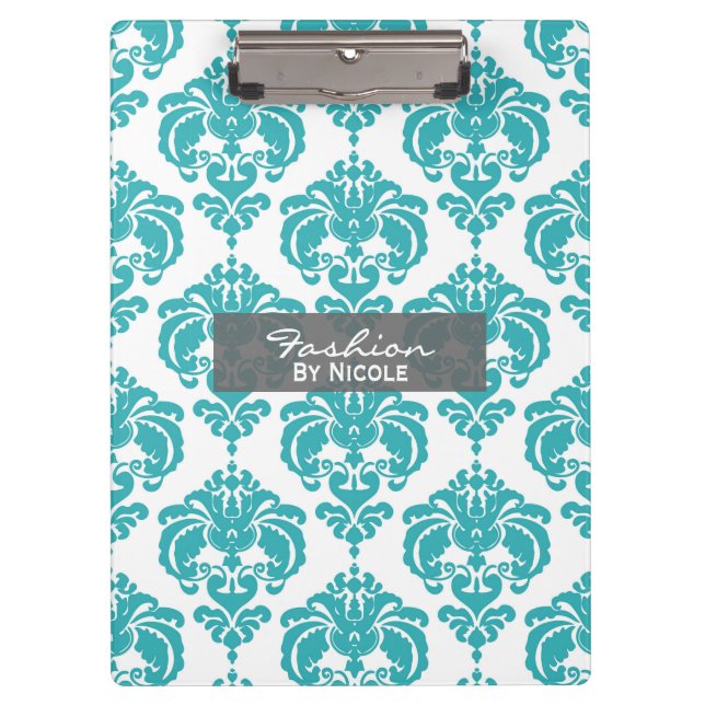 Teal Aqua White Damask Chic Glam Personalized Clipboard (Front)