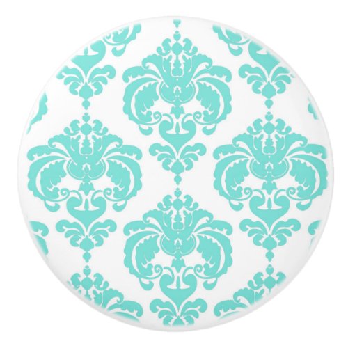 Teal Aqua White Damask Elegant Bedroom Dresser Ceramic Knob