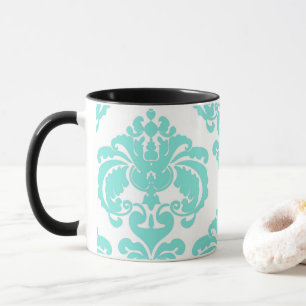 Teal Aqua & White Elegant Chic Damask Pattern Mug