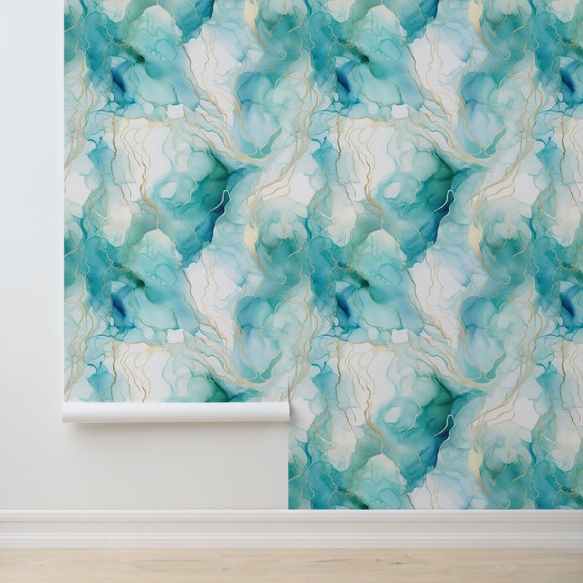 Teal Aqua White Gold Marble Wallpaper (Application)