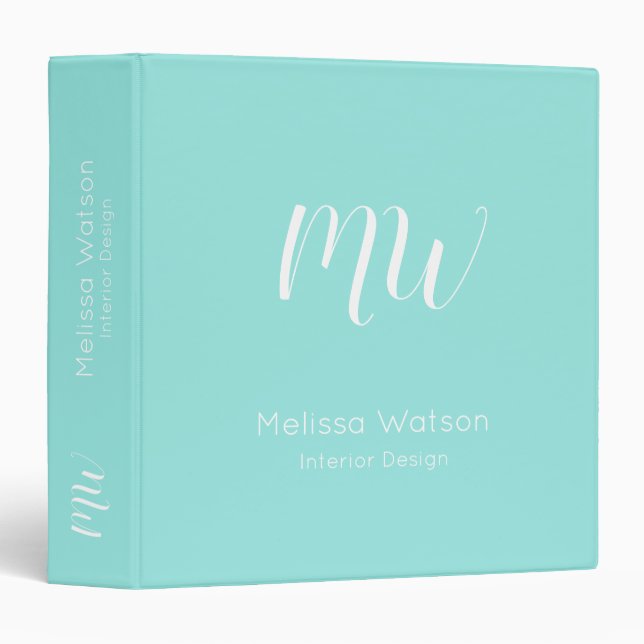 Teal Aquamarine Green Modern Professional Work 3 Ring Binder (Front/Spine)