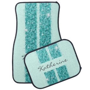 Teal Aquatone Racing Stripe Custom Glitter Car Floor Mat
