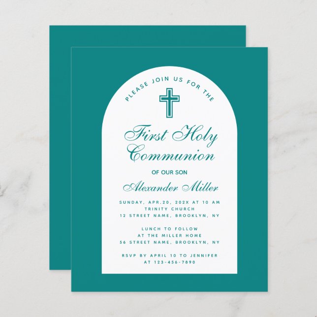 Teal Arch Budget Boy First Communion Invitation (Front/Back)